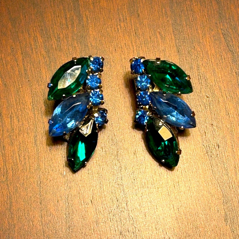 Vintage Green and Blue Rhinestone Clip Earrings